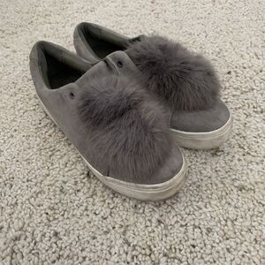 Sam Edelman Shoes Womens 6.5 LEYA Gray Suede Leather Pom Pom Fur Slip-On Sneaker